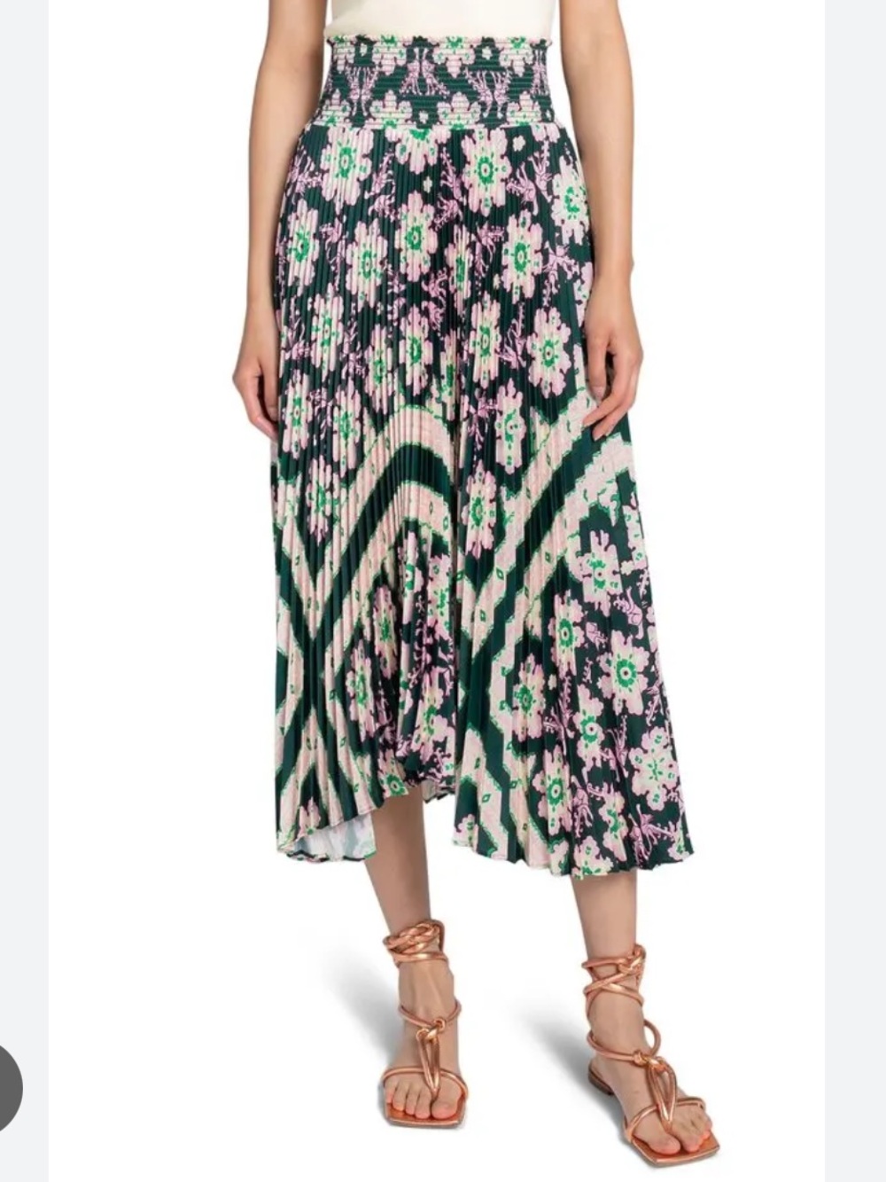 A.L.C. Sonali Floral Pleated Midi Skirt in Black, Green, Yellow, and Pink
